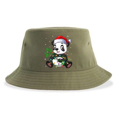 Funny Panda Xmas Lighting Matching Santa Hat Panda Christmas Gift Sustainable Bucket Hat