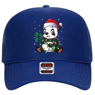 Funny Panda Xmas Lighting Matching Santa Hat Panda Christmas Gift High Crown Mesh Back Trucker Hat