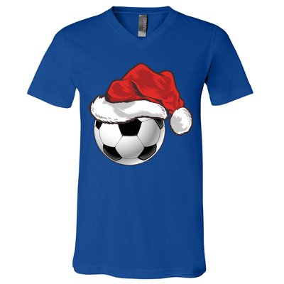 Football Player Xmas Gift Santa Hat Soccer Ball Christmas Gift V-Neck T-Shirt