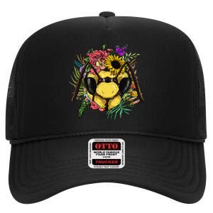 Floral Queen Bee Gardening Botanical Plants Lover High Crown Mesh Back Trucker Hat