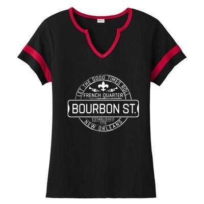 French Quarter Bourbon St New Orleans Fleur De Lis Souvenir Ladies Halftime Notch Neck Tee