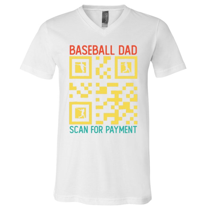 Funny Qr code Baseball Dad Scan For Payment Father's Day V-Neck T-Shirt