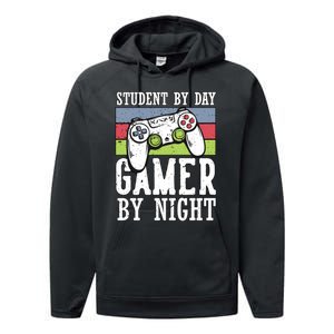 Funny Quote Front Cool Gaming Student By Day Gamer By Night Performance Fleece Hoodie