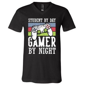 Funny Quote Front Cool Gaming Student By Day Gamer By Night V-Neck T-Shirt