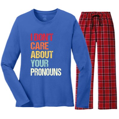 Funny Quote I Don't Care About Your Pronouns Anti Pronoun Women's Long Sleeve Flannel Pajama Set 