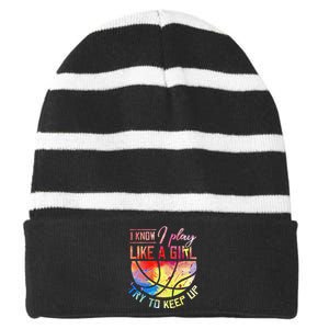 funny quote I Know I Play Like A  Basketball Striped Beanie with Solid Band