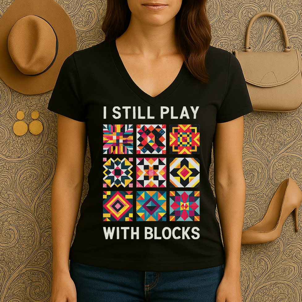 Funny Quilting I Still Play With Blocks Quilt Women's V-Neck T-Shirt