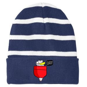 Funny Quack Pocket Duck Duckling Pocket Print Striped Beanie with Solid Band