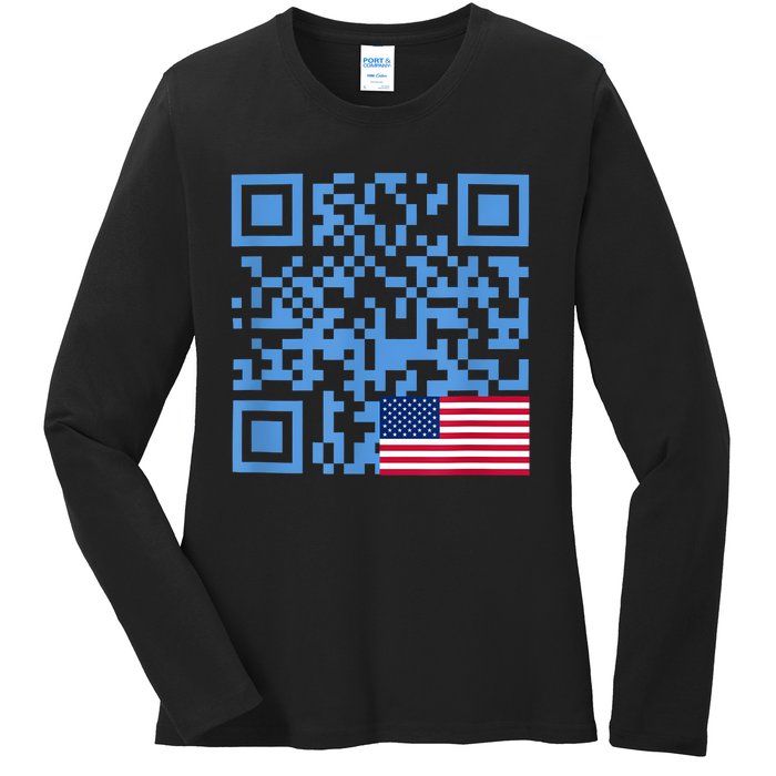 Funny Qr President Trump Dance Code Usa Flag Ladies Long Sleeve Shirt