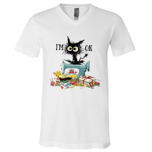 Funny Quilting Sewing Cat I’M Ok Quilting Christmas V-Neck T-Shirt