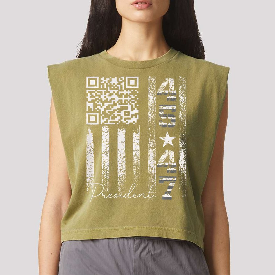 Funny Qr Scan Me President 4547 Trump Dancing Code Garment-Dyed Women's Muscle Tee