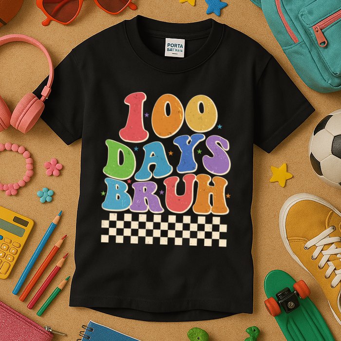 Funny Retro 100 Days Bruh 100 Days Of School Kids T-Shirt