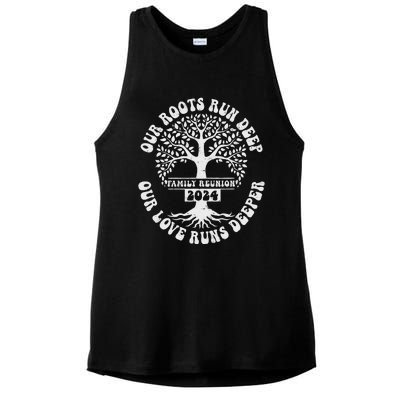 Family Reunion 2024 Our Roots Run Deep Our Love Runs Deeper Ladies PosiCharge Tri-Blend Wicking Tank