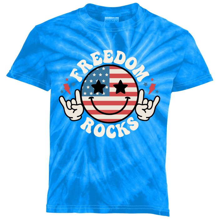 Freedom Rocks 4th Of July America Flag Retro Gift Kids Tie-Dye T-Shirt