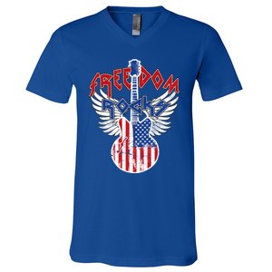 Freedom Rocks 4th Of July Patriotic Usa Flag Rock Guitar Gift V-Neck T-Shirt