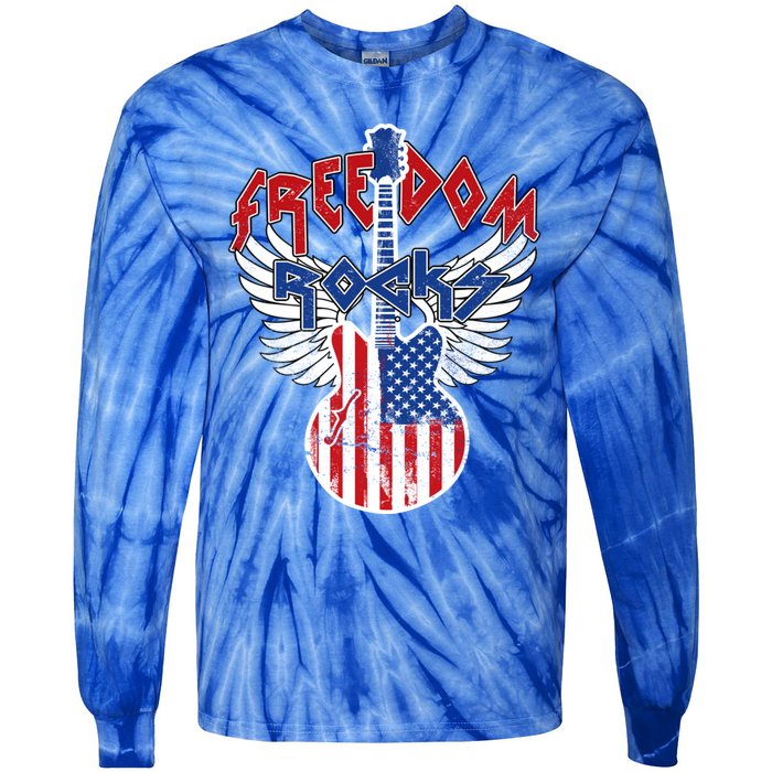 Freedom Rocks 4th Of July Patriotic Usa Flag Rock Guitar Gift Tie-Dye Long Sleeve Shirt