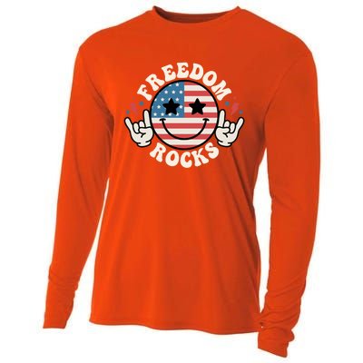 Freedom Rocks 4th Of July America Flag Retro Great Gift Cooling Performance Long Sleeve Crew