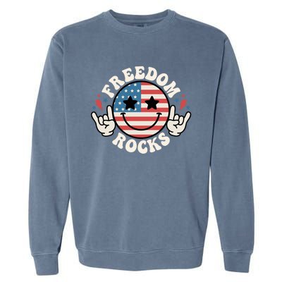 Freedom Rocks 4th Of July America Flag Retro Great Gift Garment-Dyed Sweatshirt