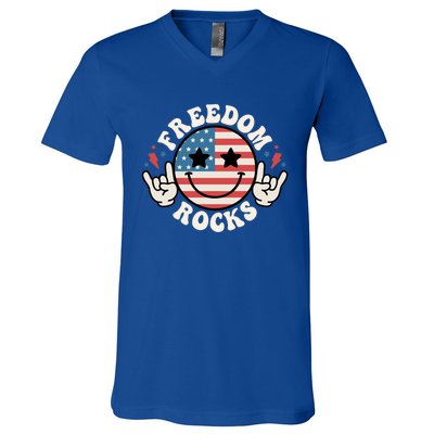 Freedom Rocks 4th Of July America Flag Retro Great Gift V-Neck T-Shirt