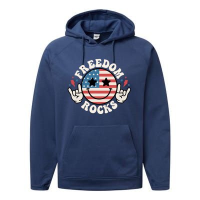 Freedom Rocks 4th Of July America Flag Retro Great Gift Performance Fleece Hoodie