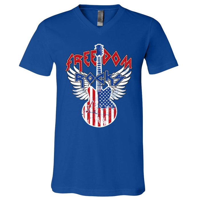 Freedom Rocks 4th Of July Patriotic Usa Flag Rock Guitar Meaningful Gift V-Neck T-Shirt