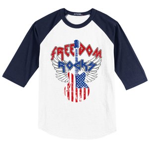 Freedom Rocks 4th Of July Patriotic Usa Flag Rock Guitar Meaningful Gift Baseball Sleeve Shirt