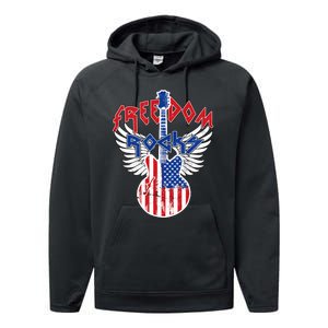 Freedom Rocks 4th Of July Patriotic Usa Flag Rock Guitar Performance Fleece Hoodie