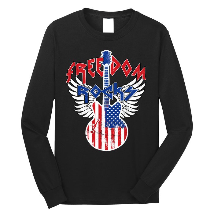 Freedom Rocks 4th Of July Patriotic Usa Flag Rock Guitar Long Sleeve Shirt