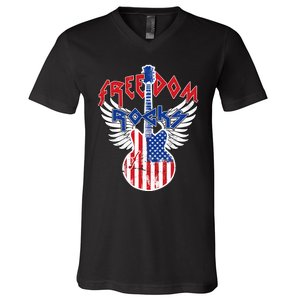 Freedom Rocks 4th Of July Patriotic Usa Flag Rock Guitar V-Neck T-Shirt