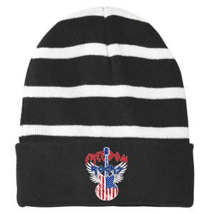 Freedom Rocks 4th Of July Patriotic Usa Flag Rock Guitar Striped Beanie with Solid Band