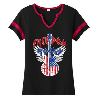 Freedom Rocks 4th Of July Patriotic Usa Flag Rock Guitar Great Gift Ladies Halftime Notch Neck Tee