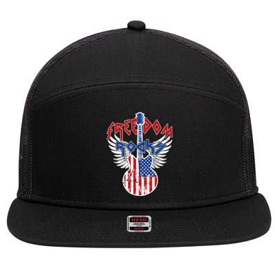 Freedom Rocks 4th Of July Patriotic Usa Flag Rock Guitar Great Gift 7 Panel Mesh Trucker Snapback Hat