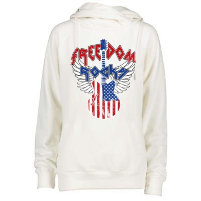 Freedom Rocks 4th Of July Patriotic Usa Flag Rock Guitar Great Gift Womens Funnel Neck Pullover Hood