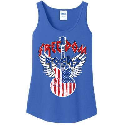 Freedom Rocks 4th Of July Patriotic Usa Flag Rock Guitar Great Gift Ladies Essential Tank