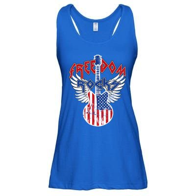 Freedom Rocks 4th Of July Patriotic Usa Flag Rock Guitar Great Gift Ladies Essential Flowy Tank