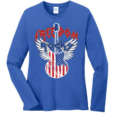 Freedom Rocks 4th Of July Patriotic Usa Flag Rock Guitar Great Gift Ladies Long Sleeve Shirt