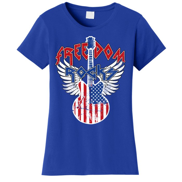 Freedom Rocks 4th Of July Patriotic Usa Flag Rock Guitar Great Gift Women's T-Shirt