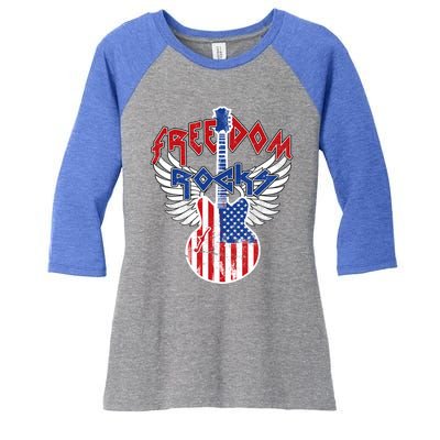 Freedom Rocks 4th Of July Patriotic Usa Flag Rock Guitar Great Gift Women's Tri-Blend 3/4-Sleeve Raglan Shirt