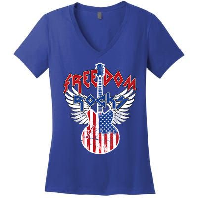 Freedom Rocks 4th Of July Patriotic Usa Flag Rock Guitar Great Gift Women's V-Neck T-Shirt