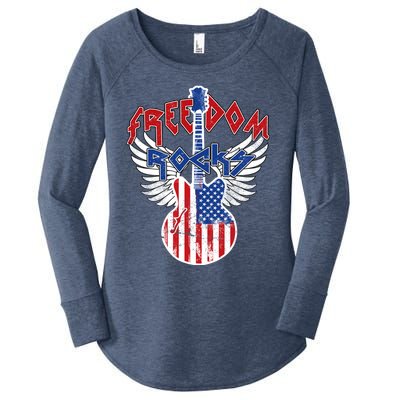 Freedom Rocks 4th Of July Patriotic Usa Flag Rock Guitar Great Gift Women's Perfect Tri Tunic Long Sleeve Shirt