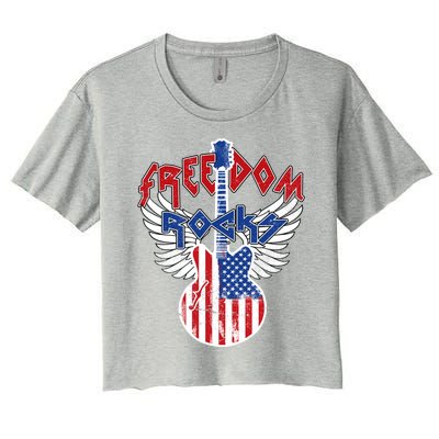 Freedom Rocks 4th Of July Patriotic Usa Flag Rock Guitar Great Gift Women's Crop Top Tee