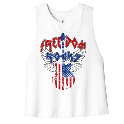 Freedom Rocks 4th Of July Patriotic Usa Flag Rock Guitar Great Gift Women's Racerback Cropped Tank