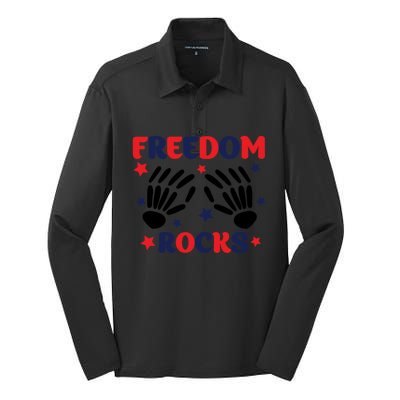 Freedom Rocks 4th Of Fathers Day Funny 4th Of July Great Gift Silk Touch Performance Long Sleeve Polo