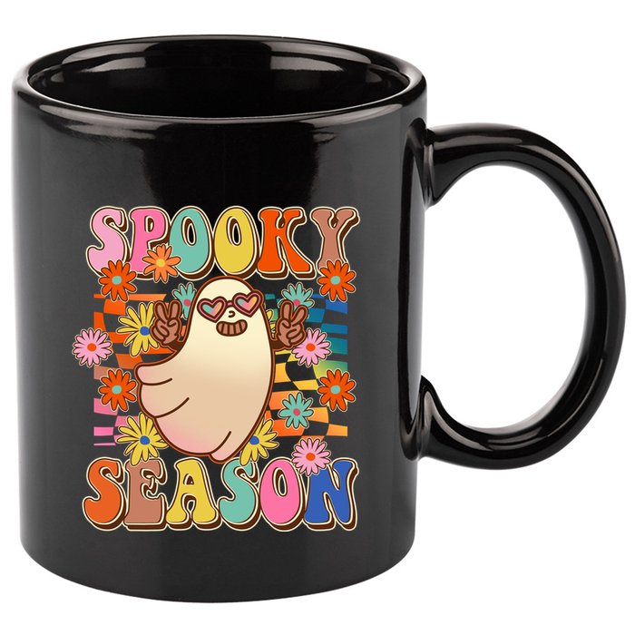 Funny Retro 60s Halloween Spooky Season Hippie Ghost 11oz C Handle Ceramic Mug