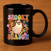 Funny Retro 60s Halloween Spooky Season Hippie Ghost 11oz C Handle Ceramic Mug