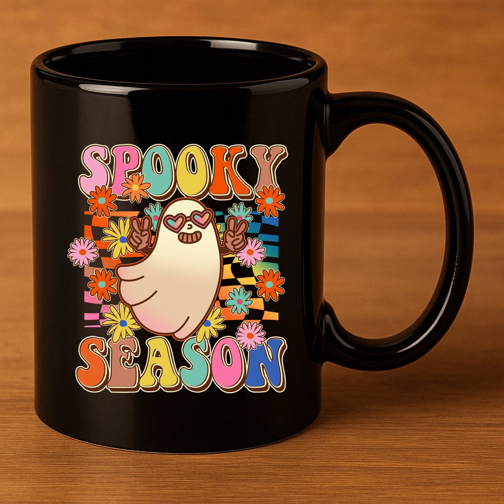 Funny Retro 60s Halloween Spooky Season Hippie Ghost 11oz C Handle Ceramic Mug