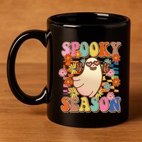 Funny Retro 60s Halloween Spooky Season Hippie Ghost 11oz C Handle Ceramic Mug