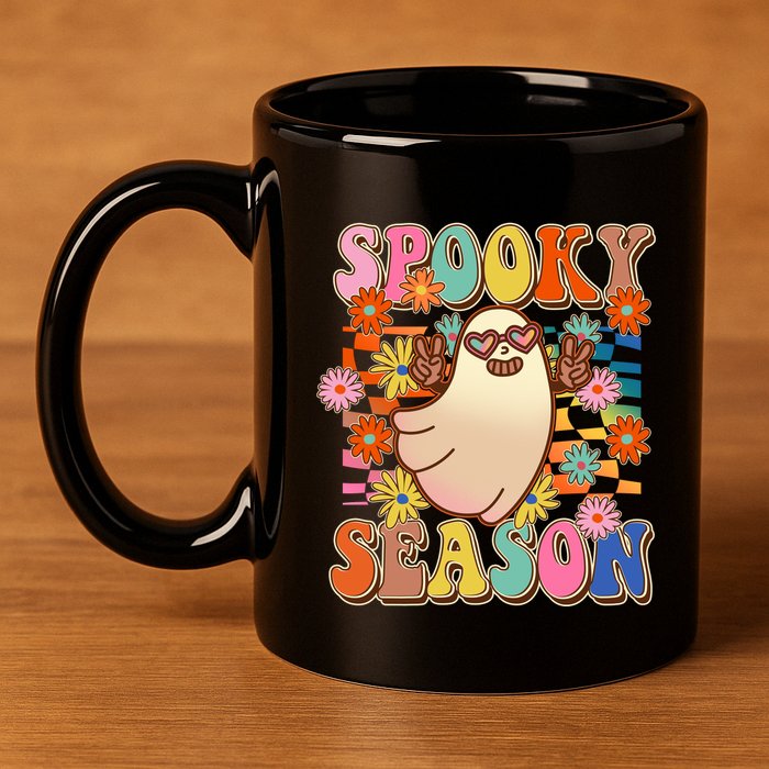 Funny Retro 60s Halloween Spooky Season Hippie Ghost 11oz C Handle Ceramic Mug