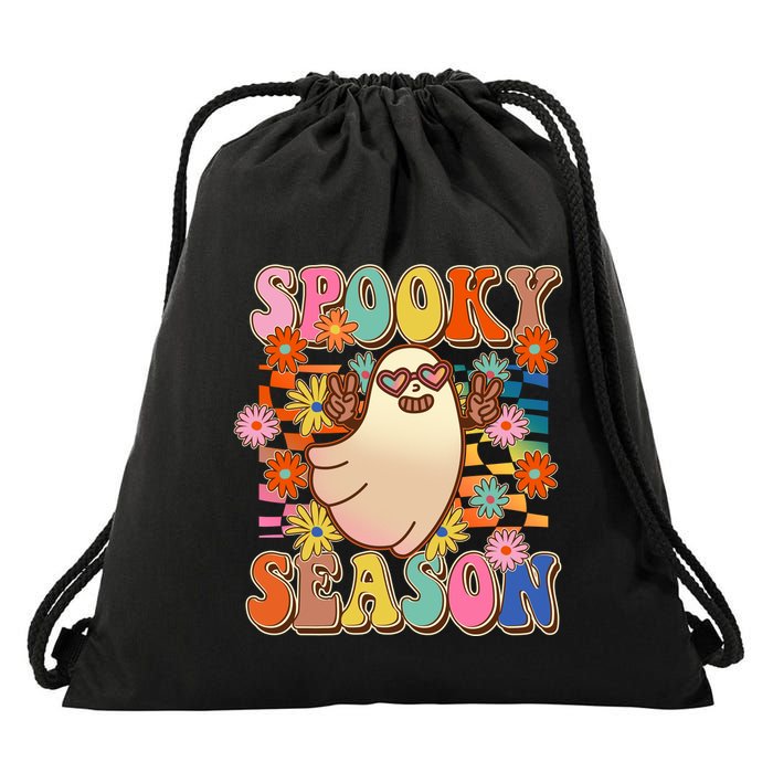 Funny Retro 60s Halloween Spooky Season Hippie Ghost Drawstring Bag