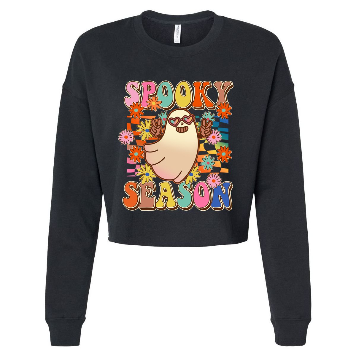 Funny Retro 60s Halloween Spooky Season Hippie Ghost Cropped Pullover Crew